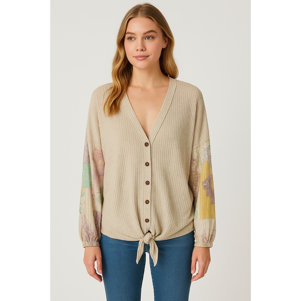 Hummingbird Tie Front Waffle Knit Top Size 3X Boho Mixed Print‎ Sleeve Bohochic